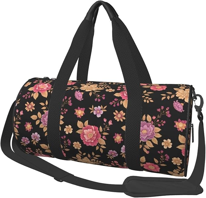 Sports Gym Duffel Bag Vintage Pink Rose Flowers Floral Black for Men Women Waterproof Weekender Travel Bag for Training Swim Yoga