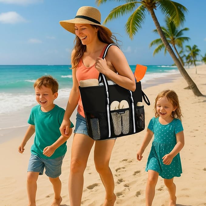 Large Beach Bag with Zipper-8 Pockets Sandproof Beach Tote Bag for Women,Foldable Lightweight Family Swim Bag Vacation