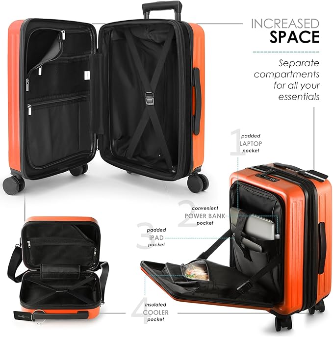 22 Inch Carry On Luggage, Carry On Suitcase with Wheels, Hardside Luggage Carry On, Expandable Orange Small Suitcase, Hard Shell Carry-on Luggage, Spinner Luggage with Cosmetic Carry On Bag