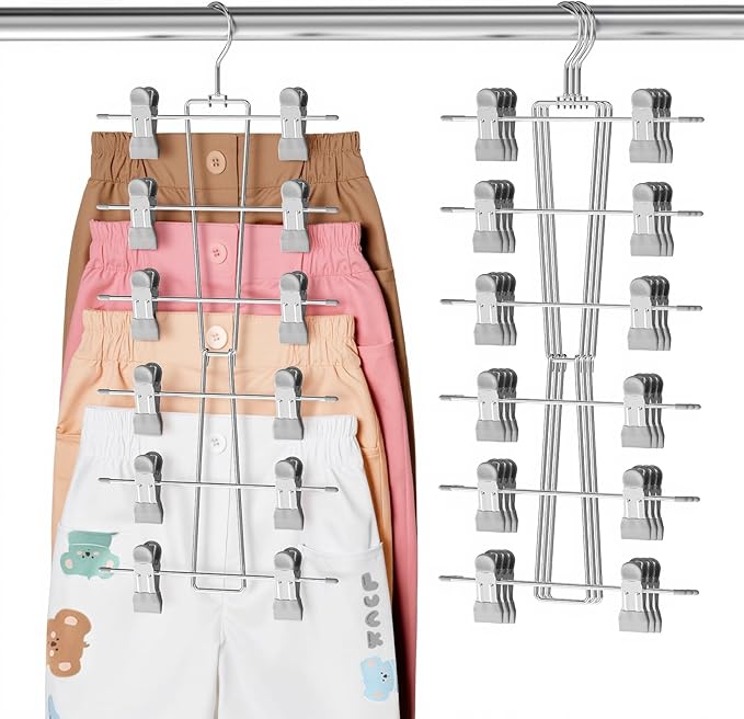 DOIOWN 6-Tier Baby Hangers with Clips - Space Saving Kids Pants Hangers for Babies & Kids Pant,Clothe,Adjustable Toddler Clothes Hanger for Newborn Children Closet Organization Gray 4Pack