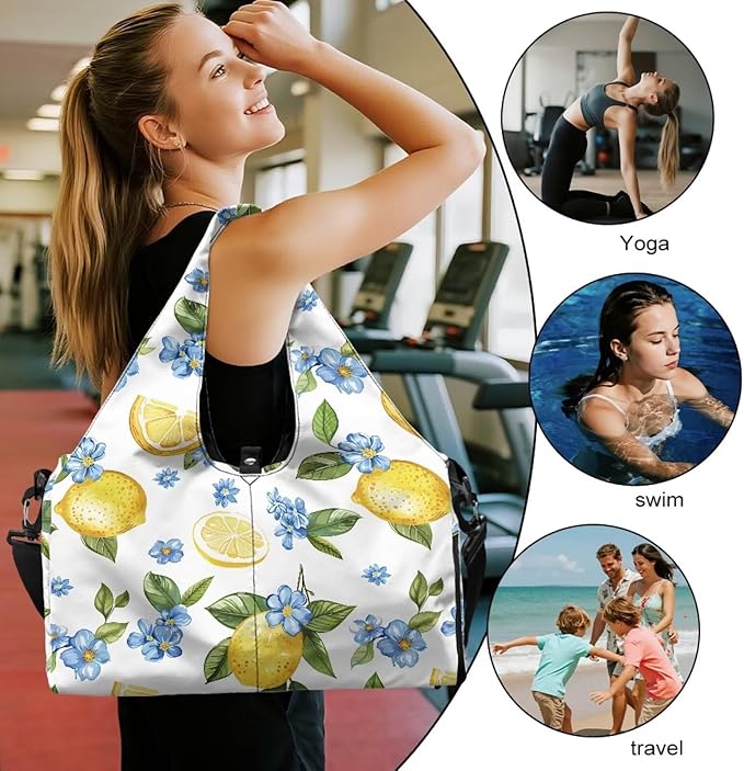 Gym Bag Women Lemon Duffel Bag with Wet Pocket, Shoes Compartment, Double Zipper, Small Duffle Bag Lightweight Breathable Waterproof Overnight Bag