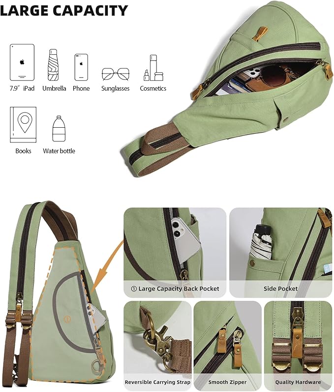 KL928 Canvas Sling Bag - Small Crossbody Backpack Shoulder Casual Daypack Rucksack for Men Women(MatchaGreen)