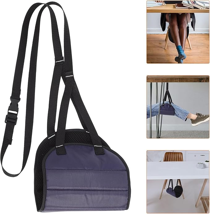 Adjustable Airplane Foot Hammock Dark Blue Mesh Under Desk Footrest Portable Travel Leg Rest for Long Flights Office Use