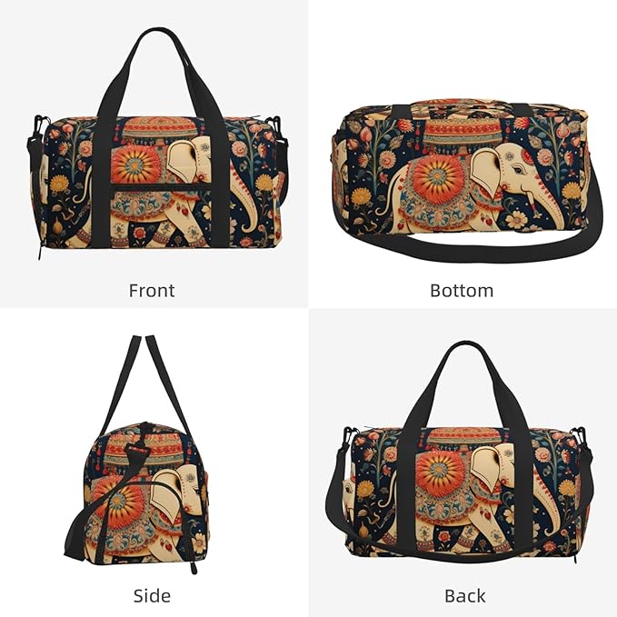 Sports Gym Bag Ethnic Animal Elephant Floral Travel Duffel Bag With Shoe Compartment Shoulder Strap, Lightweight Water-Resistant Weekend Overnight Totes For Women Men