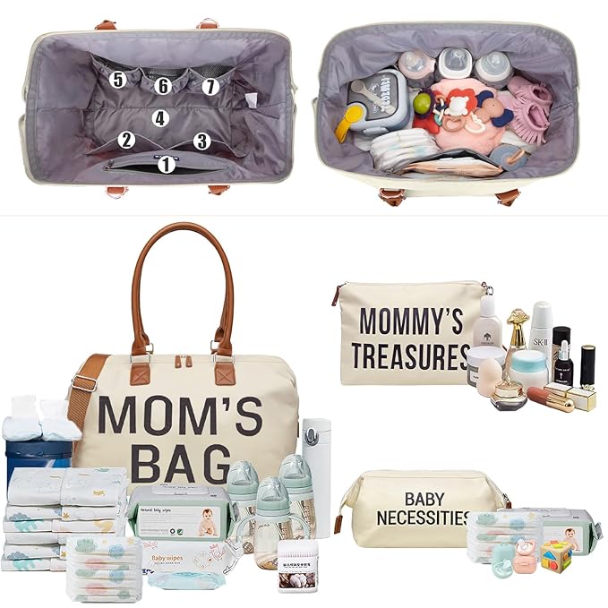 printe Diaper Bag Tote, Mom's Bag for Hospital, Large Capacity Waterproof Baby Mom Travel, Hospital Tote for Labor and Delivery with Baby Necessities, Creamy White