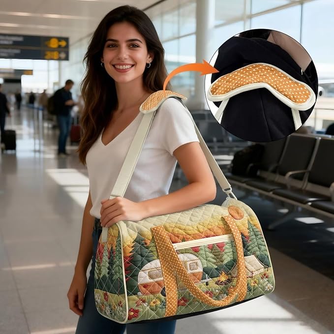 COEQINE Print Quilted Travel Duffle Bag For Women,Orange Car Camper Forest Print Quilted Tote Bag Large Car Weekend Bag with Zipper Pocket Dance Bag Organizer