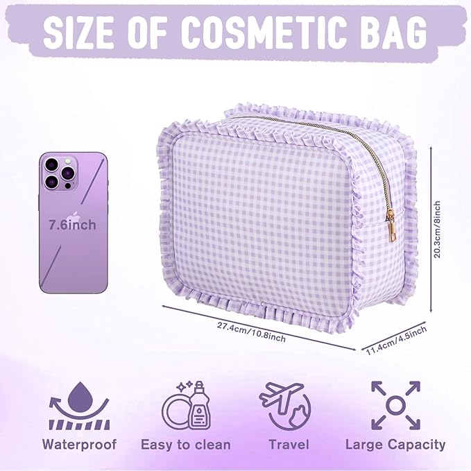 Gingham Ruffle Makeup Bag,Large Travel Cute Cosmetic Bag for Women Girls,Toiletry Bag Make up Organizer 10.8 x 4.5 x 8 inch (Purple Gingham)