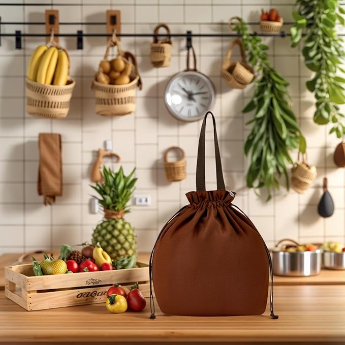 Reusable Small Lunch Bag,Drawstring Lunch Bag,Insulated Handbag Tote bag with Handle (Brown 2.0)
