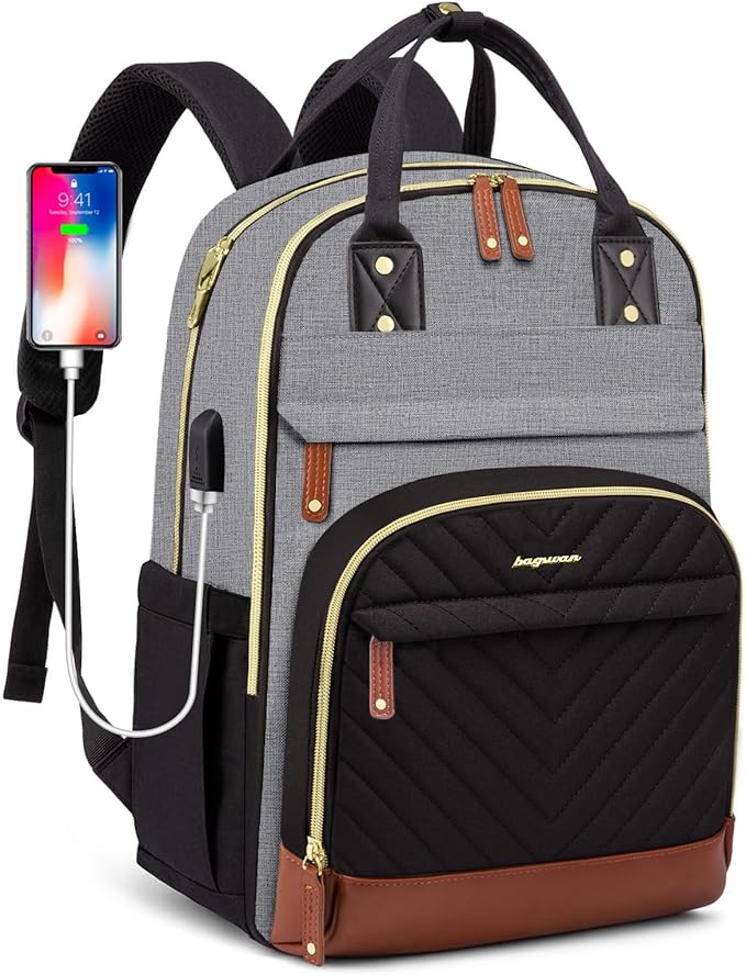 Laptop Backpack for Women Work Bag - 15.6 inch Travel Backpack Purse with USB Charger College Bookbag Waterproof Casual Daypack Fashion Business Computer Backpacks for Teacher Nurse Black Grey Brown
