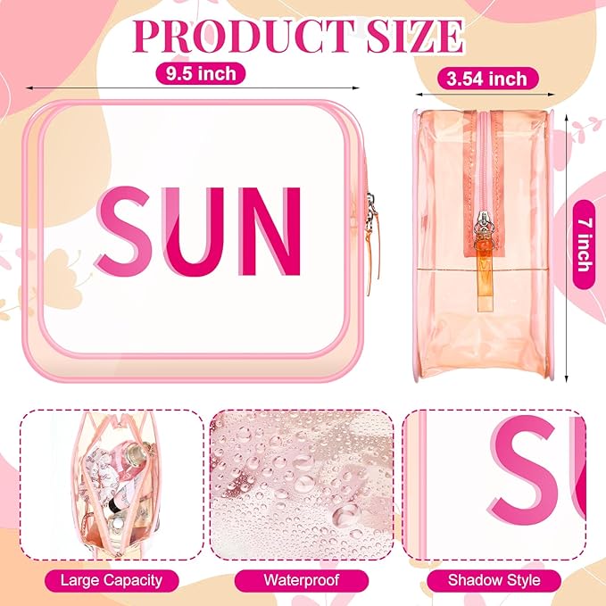 Sun Clear Beach Makeup Bag 9.5" x 7" x 3.5" Large Cosmetic Pouch Pink Travel Toiletry Bag PVC Waterproof Transparent Zippered Organizer for Women Girl Summer