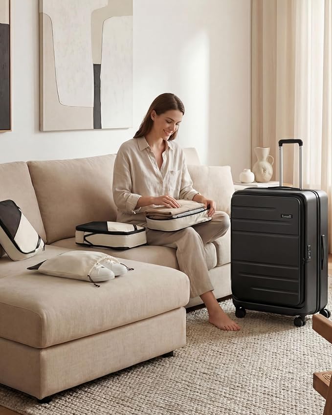 LUGGEX Checked Suitcase Top Opening, FLT and Travel Packing Cubes Bundle – Travel Essentials (FX-Lite, 30 Inch, 105L-115L)