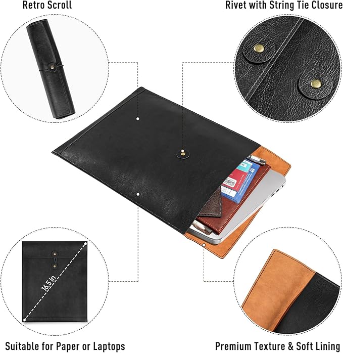 Black PU Leather File Folder for Documents,Important Document Folder with String Tie,Laptop Sleeve Notebook Case,Leather File Organizer, A4 Envelopes Filing Folder 3PCS