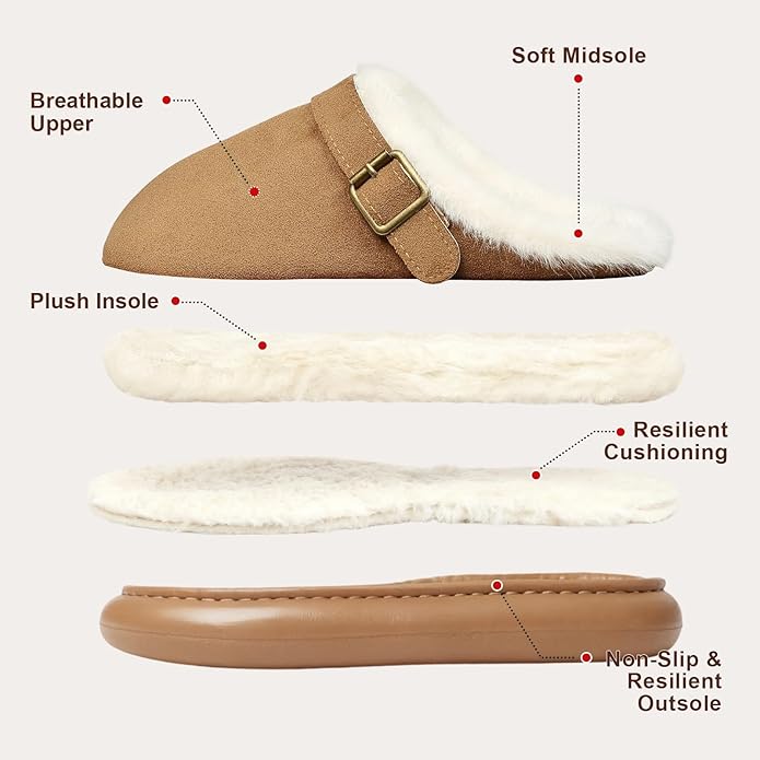 Close Toe Slip On Cotton Slippers with Breathable Faux Fur Memory Foam House Slippers for Women Warm Fuzzy Indoor Slippers with Non-Slip Rubber Sole