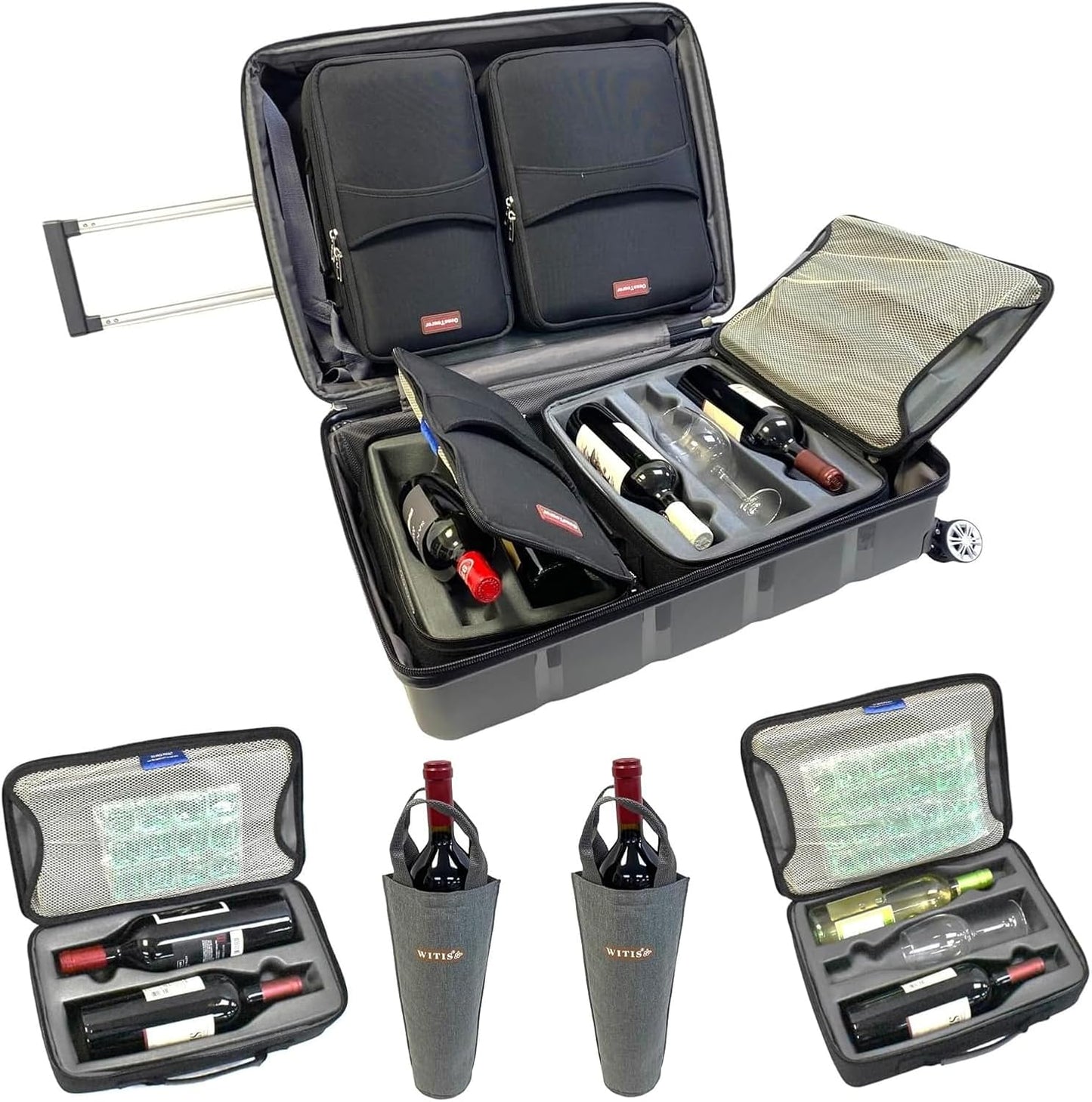 Premium Wine Travel Luggage | Holds 10 Bottles of 750 ML | TSA Lock | Expandable Packing Space | 360° Spinner | Double Straps |4 Insulated Unbreakable Carry Bag | 2 Insulated Totes| Grey