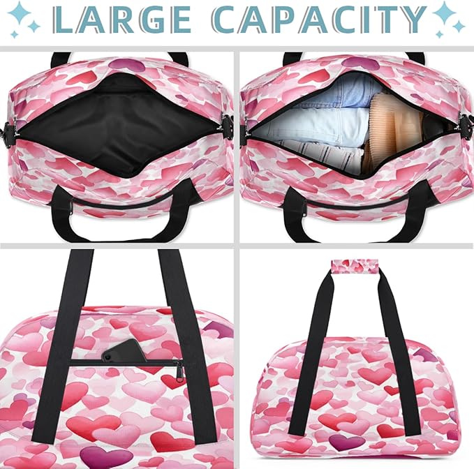 Travel Duffle Bag, Pink Watercolor Heart Pattern Waterproof Weekender Overnight Bags for Women Men Lightweight Carry on Duffle Gym Bag for Travel, Sports, Fitness, Workout