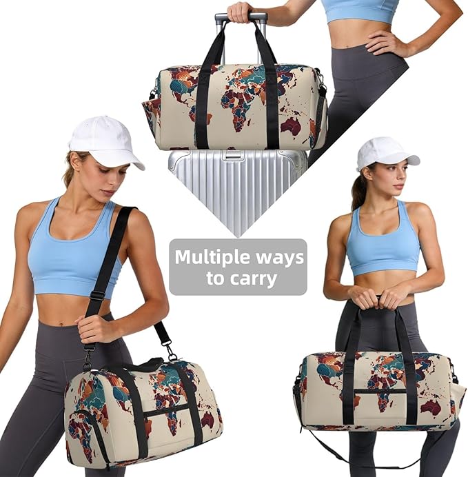 World Map Outline Print Gym Bag with Shoe Compartment for Women Men, 17.7in Sports Duffle Weekender Tote, Overnight Travel Duffel Bag Carry On