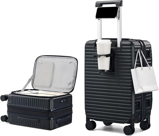 20 Inch Carry on Luggage 22x14x9 Airline Approved Hard Shell Suitcases with Wheels, Top Opening Expandable Carry on Luggage with Cup Holder Small Rolling Suitcase with Lock, Black