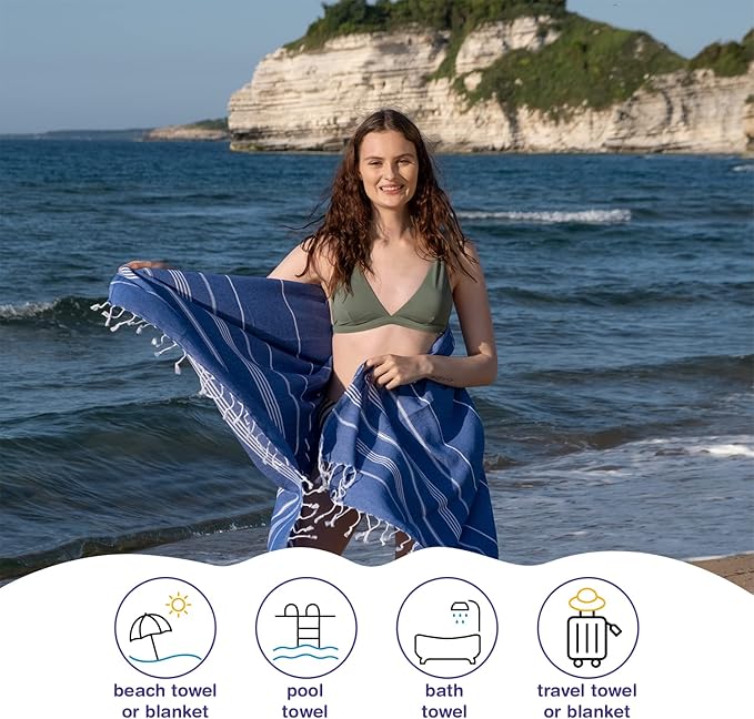 Turkish Beach Towels, Bulk Case of 36 | Oversized, Quick Dry, Sand Free | 100% Cotton, Large 38x71 Towels for Beach, Pool, Travel | Ultra-Soft, Compact, Absorbent | Blue