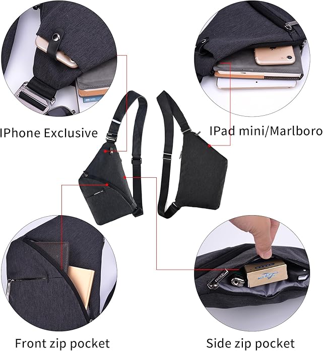 Crossbody Sling Bag, Water-Resistant Anti Theft Chest Pack, Minimalist Commuter Daypack for Travel Hiking Work