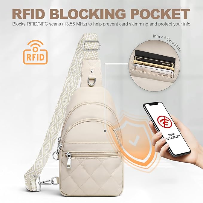 Sling Bag for Women, Anti-Theft RFID Crossbody Bag Nylon Sling Purse for Travel, Puffy Small backpack for Daily Hiking Sports White