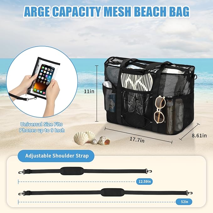 Mesh Beach Bag, Foldable Extra Large Beach Bags with Zipper Pool Bag with Portable Phone Pouch for Vacation Pool