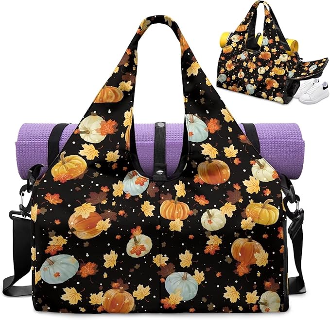 Maple Leaf Pumpkins Small Gym Bag for Women with Shoe Compartment Duffle Bag for Travel Carry On Overnight Weekender Bags Fitness Workout Yoga Tote Bags for Thanksgiving Themed Gifts