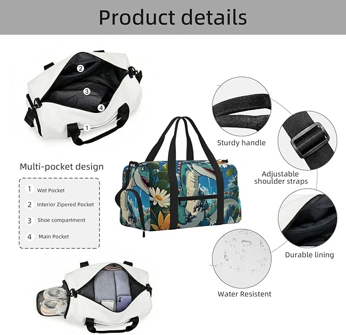 Cute Dinosaur Print Gym Bag with Shoe Compartment for Women Men, 17.7in Sports Duffle Weekender Tote, Overnight Travel Duffel Bag Carry On