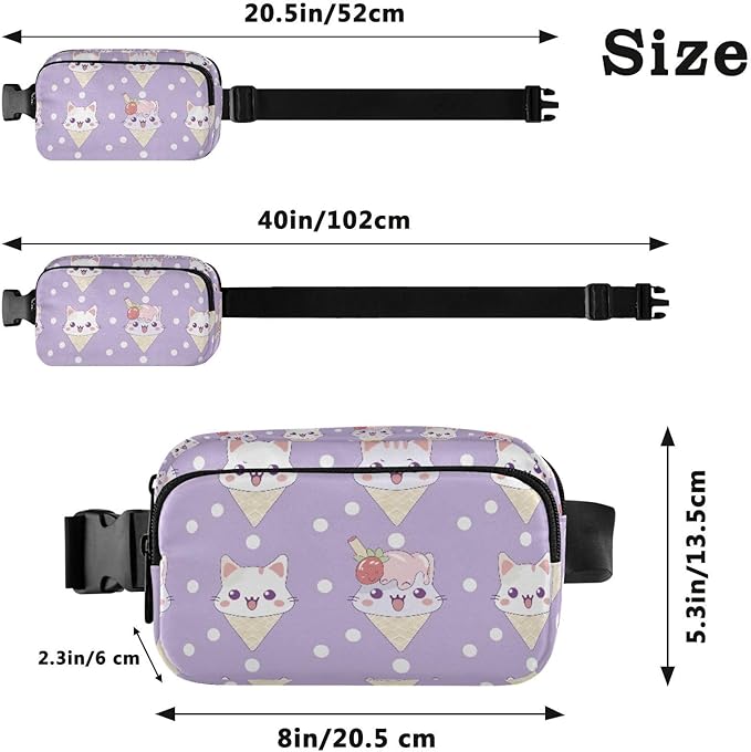 Kawaii Cat Ice Cream Polka Dots Fanny Pack for Women Men Water Resistant Fashion Waist Packs with Adjustable Strap Belt Bag for Travel Workout Jogging Hiking 21219102