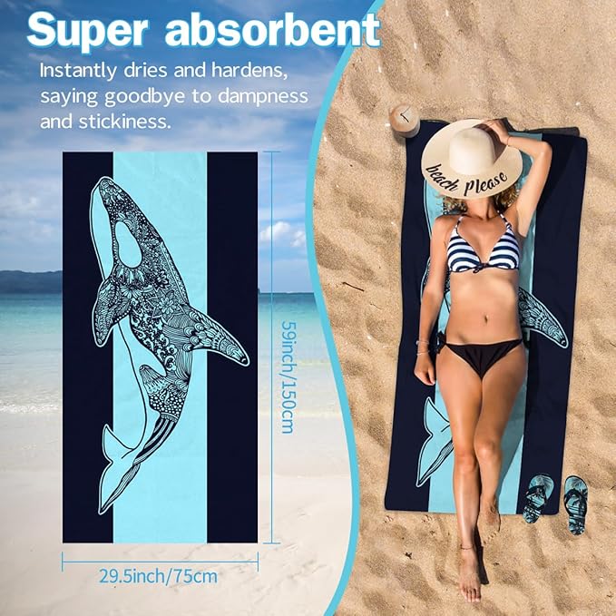 Whale Pattern Beach Towel - 30x60 Inch Fast Dry Microfiber Towel, Lightweight & Versatile for Beach, Pool, Yoga, Travel, Ideal as Beach Blanket & Vacation Essential