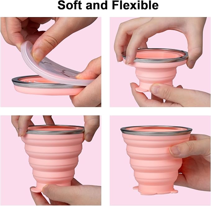 O-CONN 2 Pack Collapsible Cup, Silicone Collapsible Travel Cup, Silicone Folding Camping Cup with Lids Expandable, Drinking Cup for Outdoor Hiking Travel, Outdoor Sports- Portable, Graduated