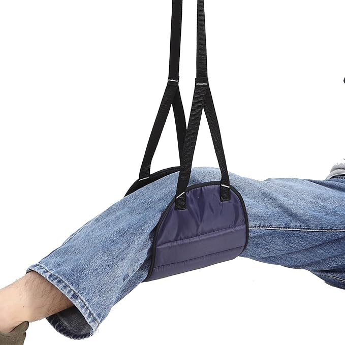 Adjustable Airplane Foot Hammock and Portable Under Desk Footrest, Dark Blue Mesh Leg Sling for Travel and Office Use, Ergonomic Leg Rest for Long Flights and Desk Seating