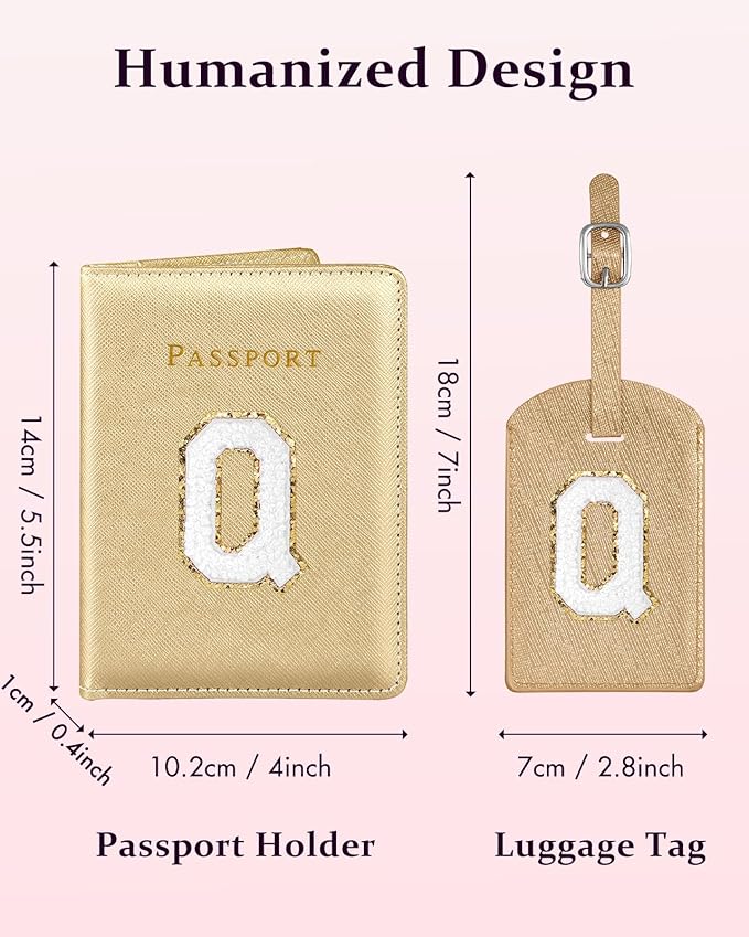 Slohif Passport Holder Initial Lugguage Tag Set Suitcase Cover Wallet Case for Travel Women - Leather Letter Passport Book Personalized Organizer Card Protector Sleeve Essentials Slim Carrier Gold Q