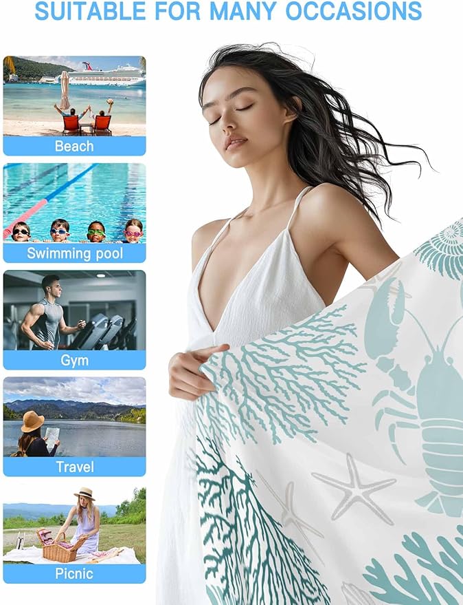 Ocean Microfiber Beach Towel, Teal Green Lobster Coral Starfish 35" x 71" Bath Towel Quick Dry Sand Free Travel Pool Towels for Beach Chair, Sun-Bath, Camping, Vacation