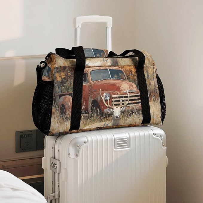 Old Truck Deers Autumn Forests Duffle Bag Gym Bag for Workout Travel Tote with Detachable Straps
