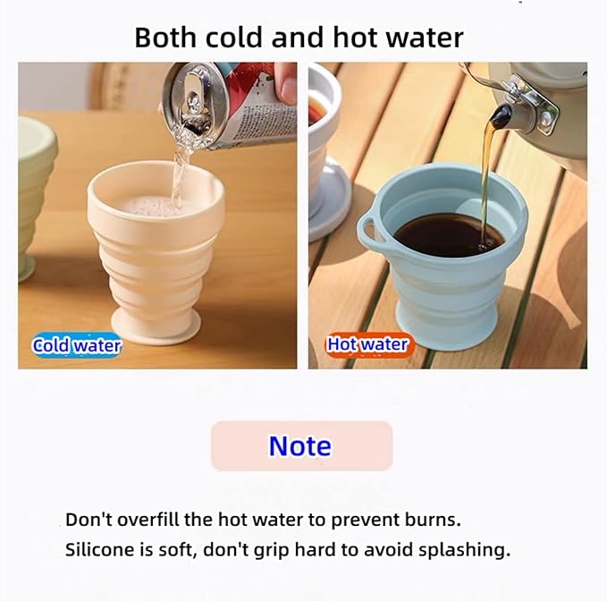 Reusable Foldable Silicone Water Cup, Portable Picnic Snacks Cup, Pocket Size Travel Cup Extensible, Collapsible Cups with Lid for Camping, Travel (Blue with Hook)
