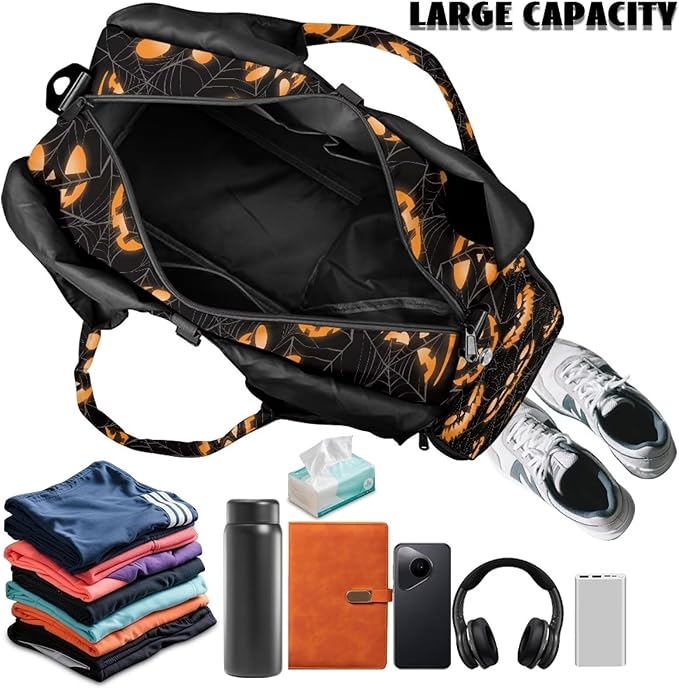 Halloween Pumpkin Face Travel Duffel Bag for Women Large Capacity Overnight Bag with Shoe Compartment Lightweight Sports Fitness Hospital Carry on Bags Black Halloween Costumes