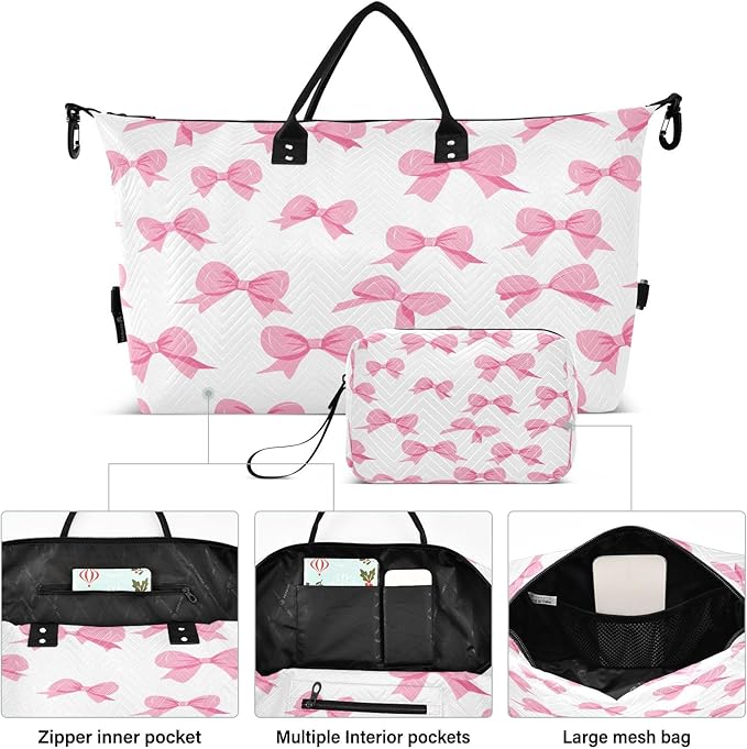 Pink Bow White Background Pattern Travel Duffle Bag Gym Yoga Carry on Bags for Men Women Weekender Bag