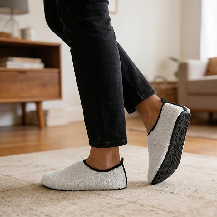 QFH Womens & Mens Cozy House Slippers - Portable Travel Shoes with Flexible Rubber Sole & Soft Velvet Lining