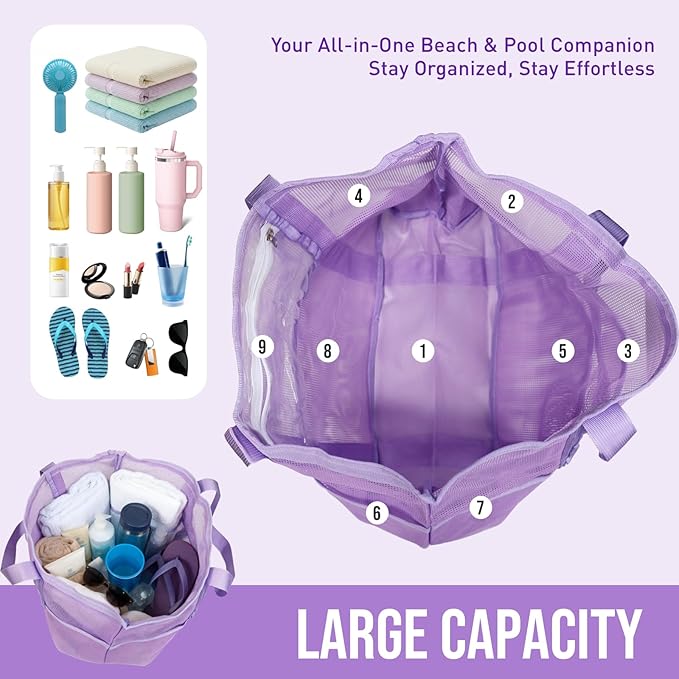 Large Mesh Beach Tote Bag, 9-Pocket Foldable Summer Vacation Beach Bag for Travel, Pool, Gym, Cruise