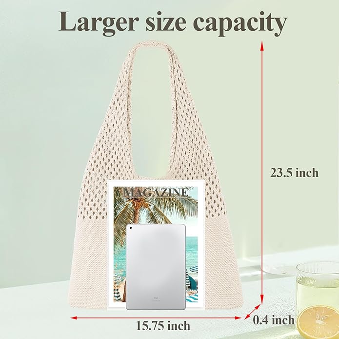 Beach Tote Bag for Women, Crochet Boho Aesthetic Mesh Shoulder Summer Vacation