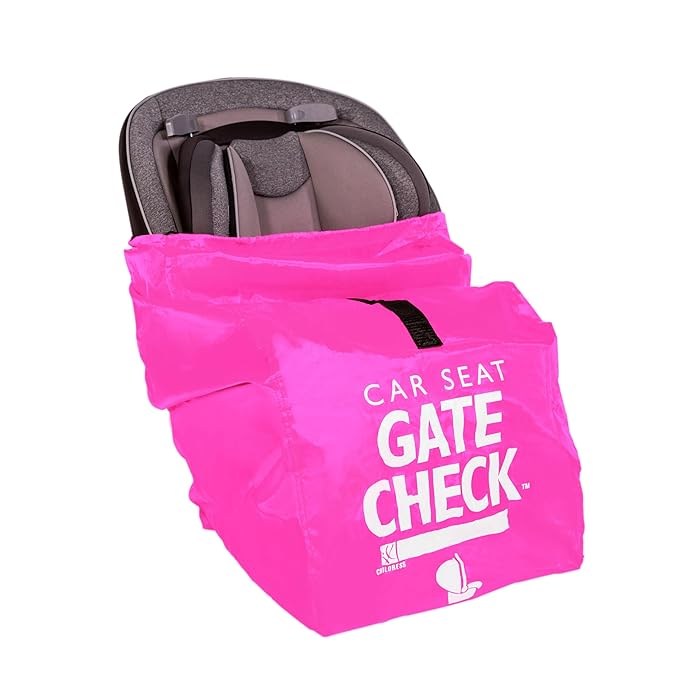 J.L. Childress Gate Check Travel Bag for Car Seats - Car Seat Travel Bag for Airplane, Includes AIRTAG Holder, Fits All Baby Car Infant Carriers & Child Booster Seats - Neon Pink