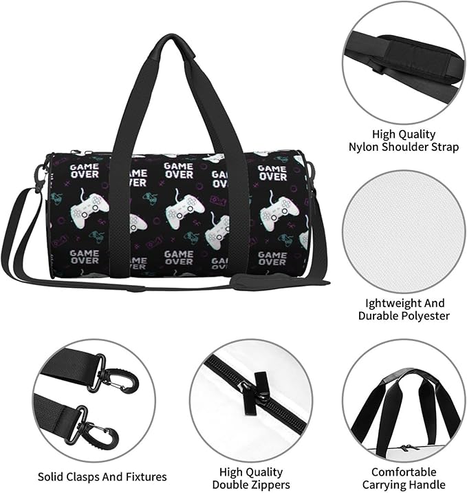 Unique Sports Gym Bag Workout Lightweight Duffel Bags Cool Video Games Joystick Game Over for Men and Women