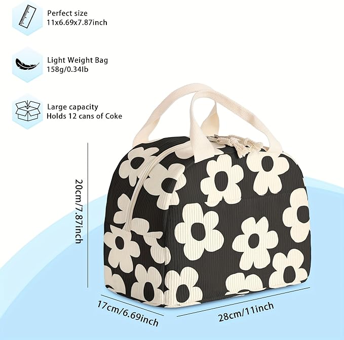 Insulated Lunch Box for Women and Men,Corduroy Lunch Bags for Work,Leakproof Adults Cooler Tote Bag for Offices,Picnic,Travel,Outdoor (flowers)