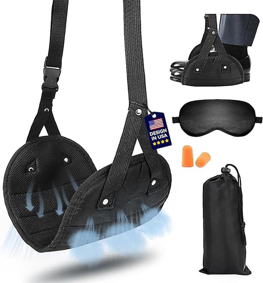 Portable Airplane Foot Hammock(Memory Foam)-Ultimate Comfort Bundle w/Sleep Mask & Ear Plugs, Foot Hammock for Plane Travel Essentials to Relax Your Feet, Airplane Foot Rest for Plane Travel 04