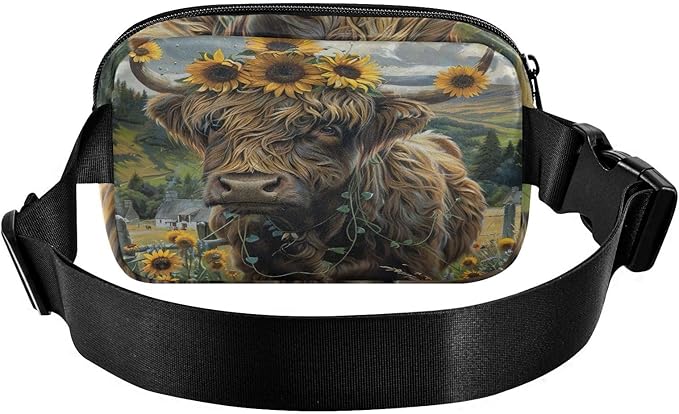 Highland Cow Sunflowers Fanny Pack for Women Men Water Resistant Fashion Waist Packs with Adjustable Strap Belt Bag for Travel Workout Jogging Hiking 21220115