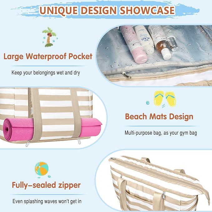 Extra Large Beach Bags for Women, Waterproof Sandproof Beach Tote Bag Foldable Swim Pool Bag with Zipper and Wet Pocket