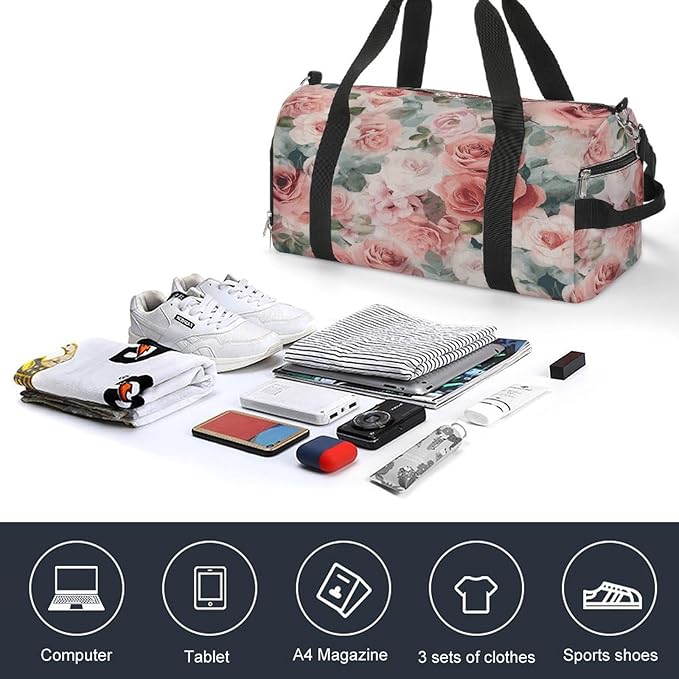 Soft Color Pale Faded Mix of Roses Gym Bag Lightweight ，Travel Duffle Bag with Shoe Compartment，Gym Bag for Women for Overnight, Weekend, Yoga, Gym, Business Trips, Sport And Hospital.