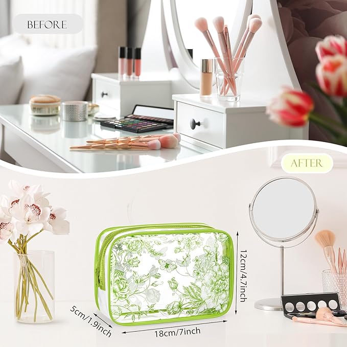 Set of 10 Clear Floral Cosmetic Bags PVC Makeup Bags Waterproof Travel Organizer Toiletry Pouches for Wedding Birthday Baby Shower Party Ideal Gift for Women Nurse Bridesmaid(Sage Green)