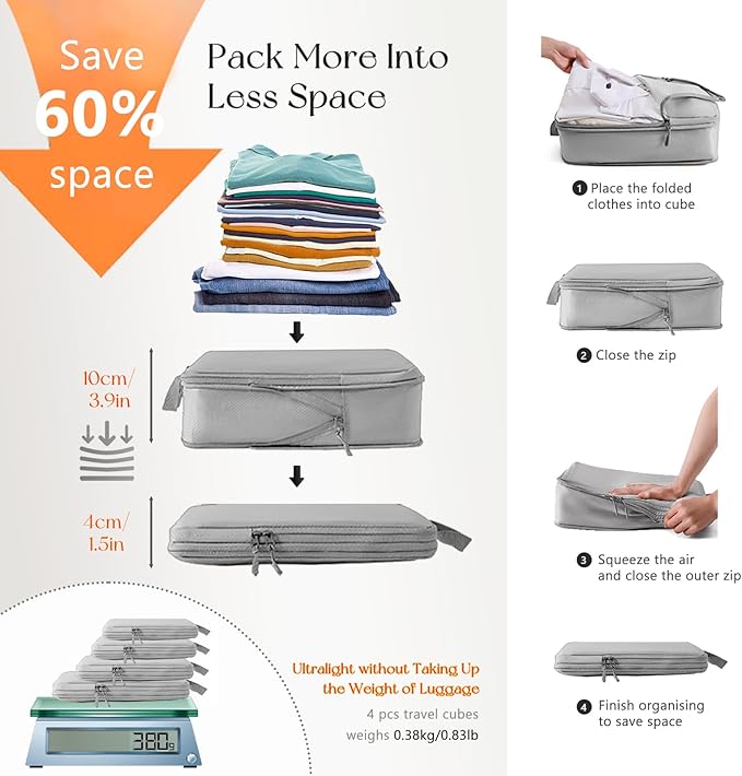 SNAIL GARDEN 8 Pack Compression Packing Cubes Set with Cable Organiser,Pill Box,Shoes Packing Organizer,Lightweight Compression Bags for Travel,4 Sizes Luggage Organizer Bags