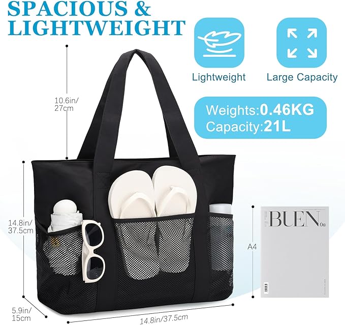 VASCHY Beach Bag for Women, Foldable Waterproof Sandproof Beach Tote with Zipper/Mesh Pockets for Vocation/Cruise/Gym/Travel